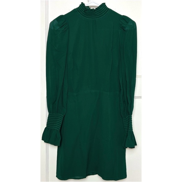 REFORMATION Emerald Crepe Long Puffed Bell Sleeve Ruffled High Neck Mini Dress 2 - Picture 2 of 8